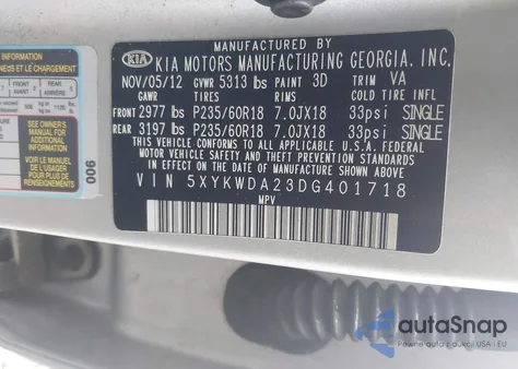 2013 Kia Sorento Sx V6 z USA, uszkodzony, nr VIN 5XYKWDA23DG401718